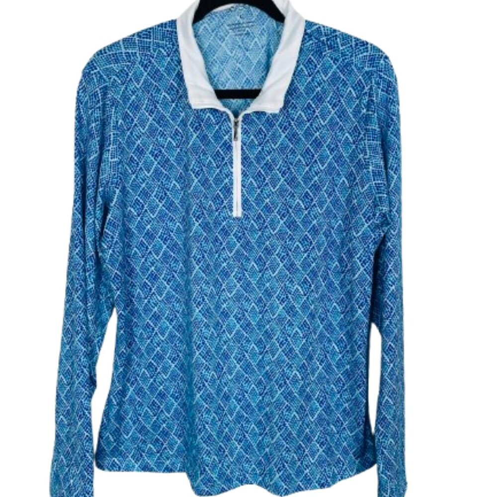 SanSoleil SolCool UPF 50 Long Sleeve Blue Diamond Quarter Zip Pullover Size L